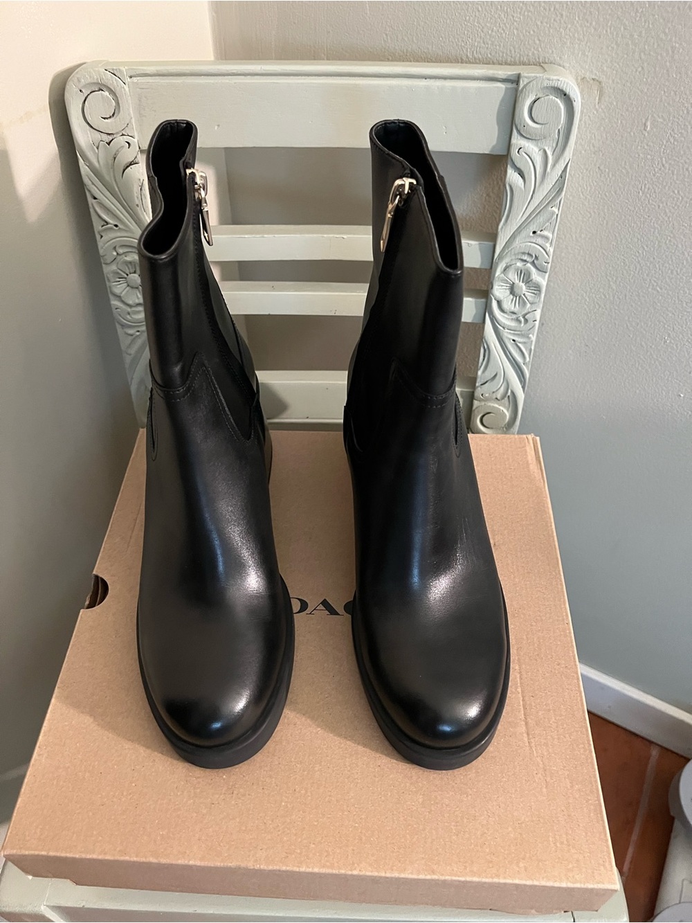Coach Leather Block Heeled Boots
